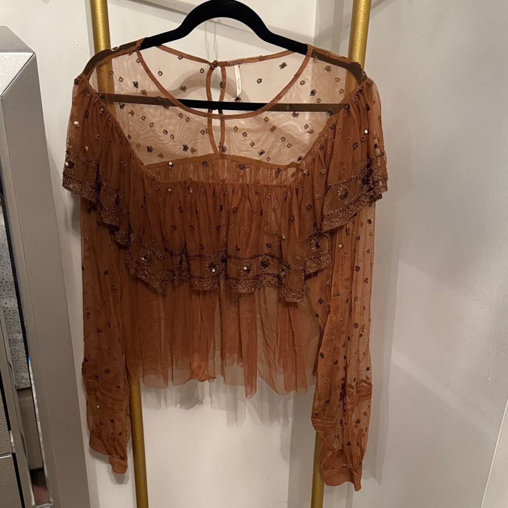 Free People Brown Sheer Embellished Blouse